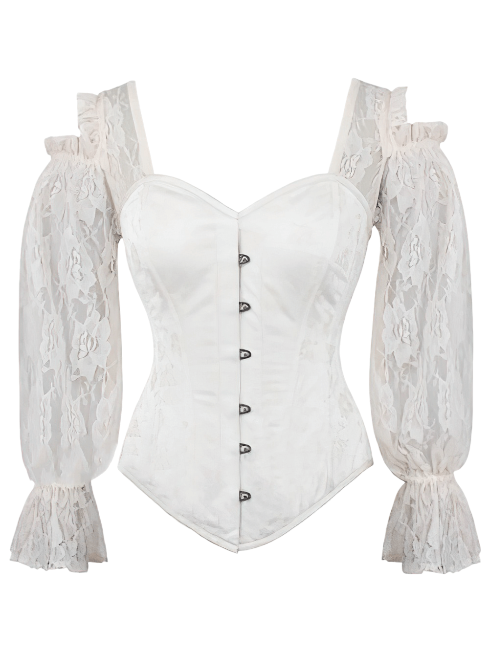 Elegant cold shoulder lace corset with steel boning, featuring stylish puffed sleeves and chic button detail.