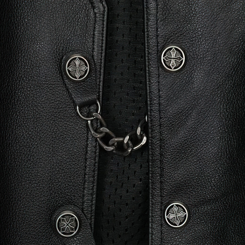 Close-up of black leather vest featuring buttons and a stylish chain detail, perfect for biker and punk fashion.