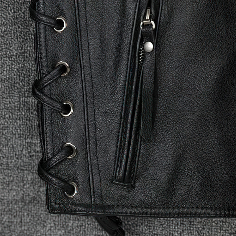 Close-up of the laced-up side and zipper detail of a black genuine leather vest for men, perfect for biker styles.