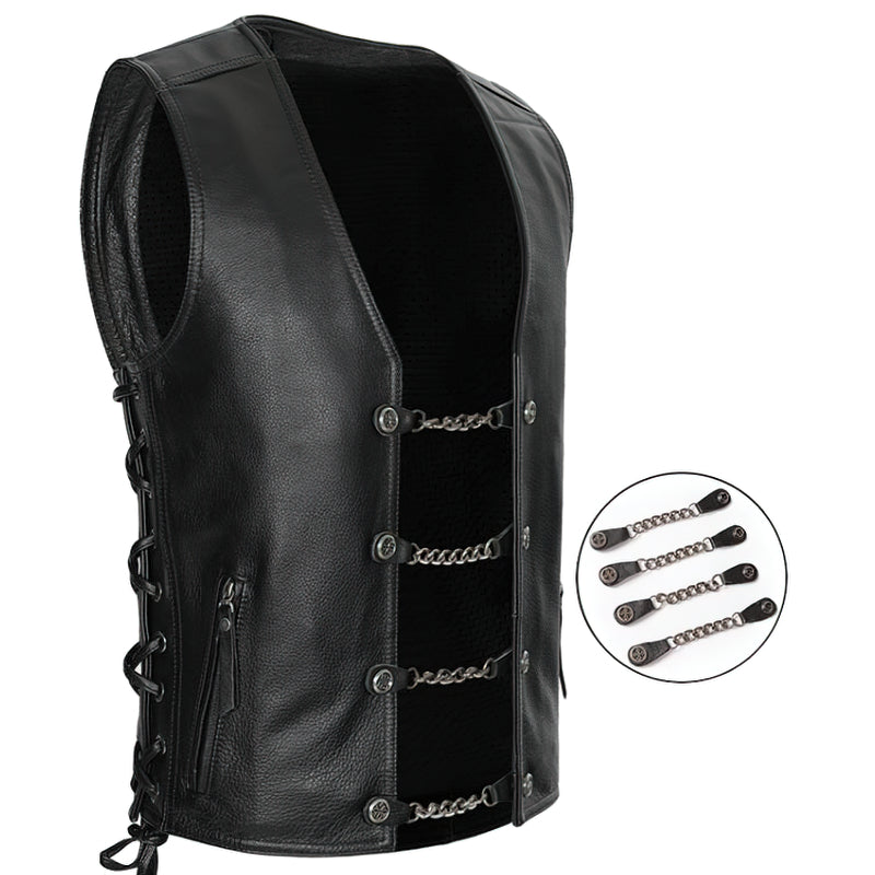 Collarless black leather vest for men featuring chains, laced-up sides, and a biker style design.