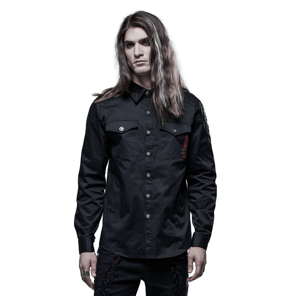 Comfort Goth Spliced Cotton Shirt with Ribbon Pocket Detail - HARD'N'HEAVY