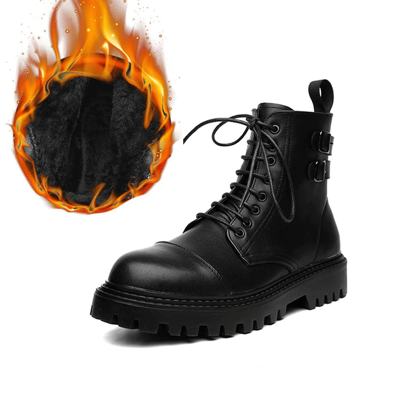 Men's black lace-up ankle boots with fur lining and stylish buckles for a trendy casual look.