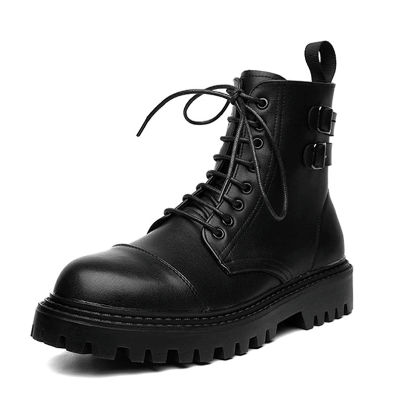 Stylish men's black lace-up ankle boots with belt decorations and sturdy rubber sole for comfort.