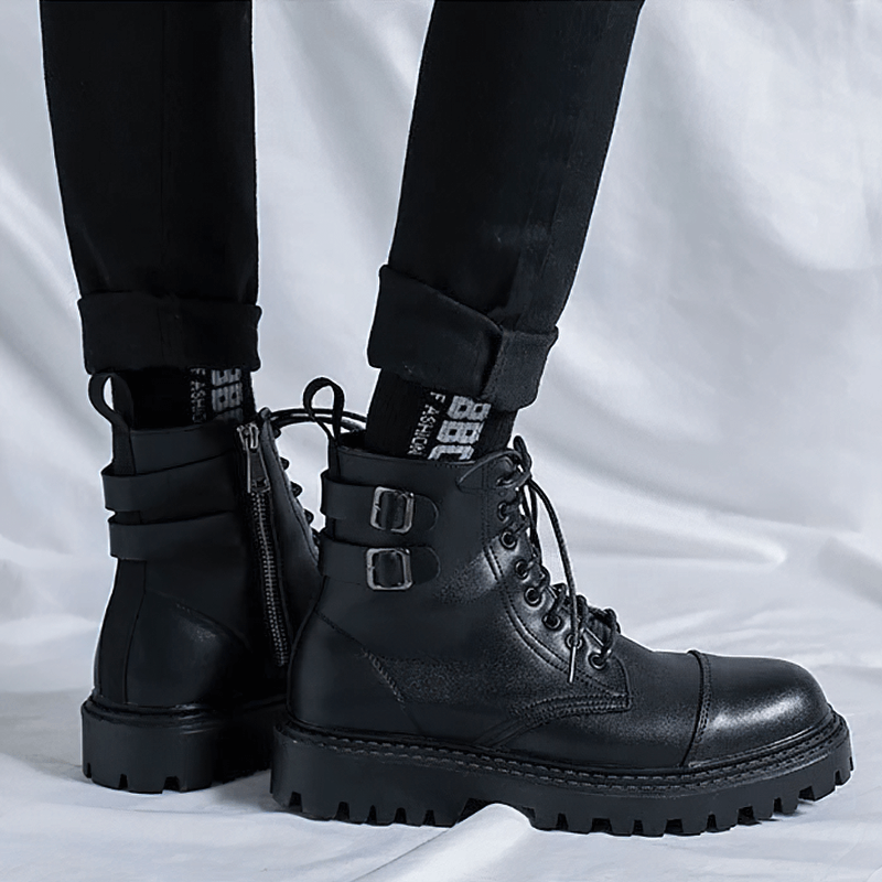 Men's lace up ankle boots in black PU leather with stylish buckles and a rugged sole, perfect for casual wear.