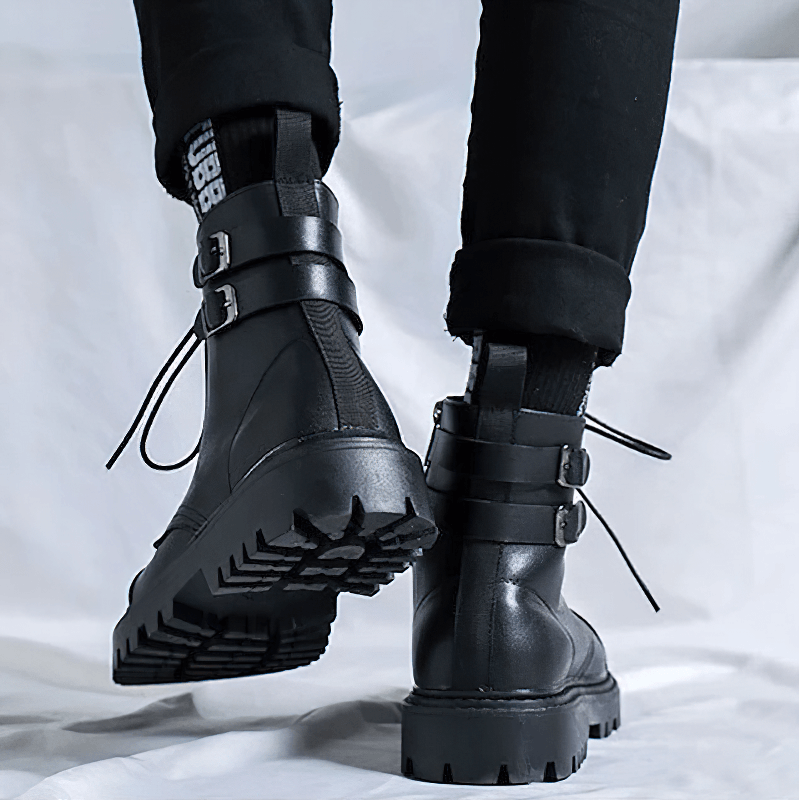 Stylish men's black lace up ankle boots with buckles and sturdy rubber sole, perfect for casual wear.