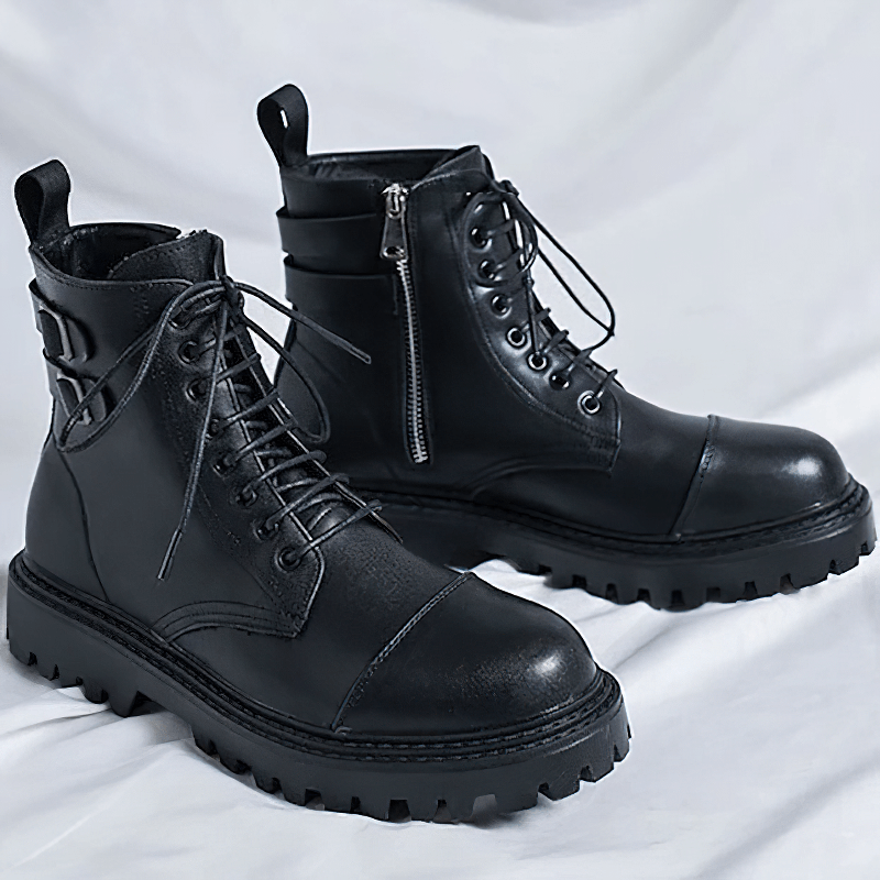 Men's black lace-up ankle boots with stylish zippers and rubber sole, perfect for casual wear.