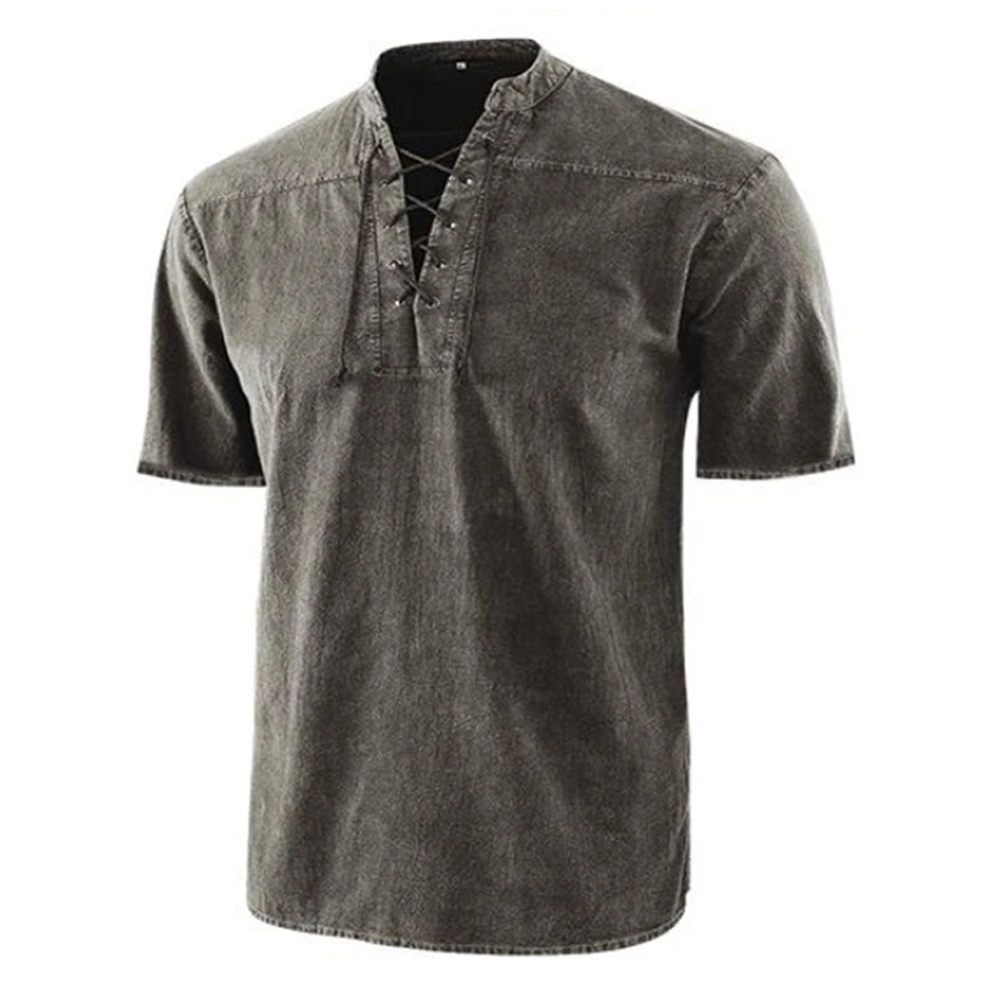 Lace-up V-neck t-shirt for men in casual style, featuring short sleeves and a unique lace-up design.