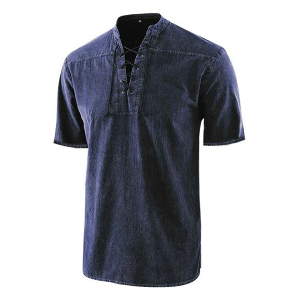 Men's casual lace-up V-neck T-shirt in navy blue, perfect for everyday wear and stylish comfort.