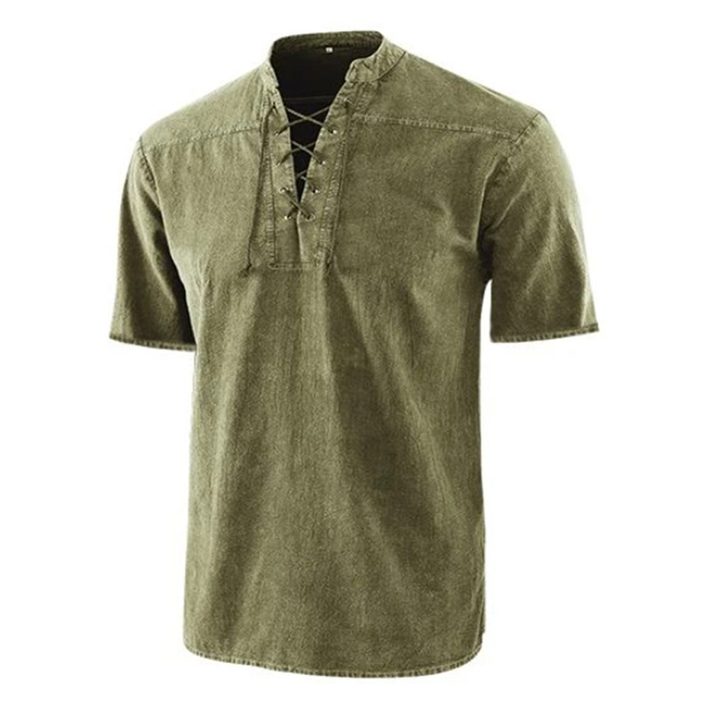 Lace-up V-neck short sleeve t-shirt for men in casual style, featuring an olive green color and unique design details.