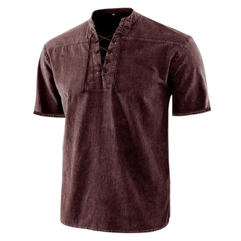 Brown lace-up V-neck short sleeve t-shirt for men, casual linen style for everyday wear.