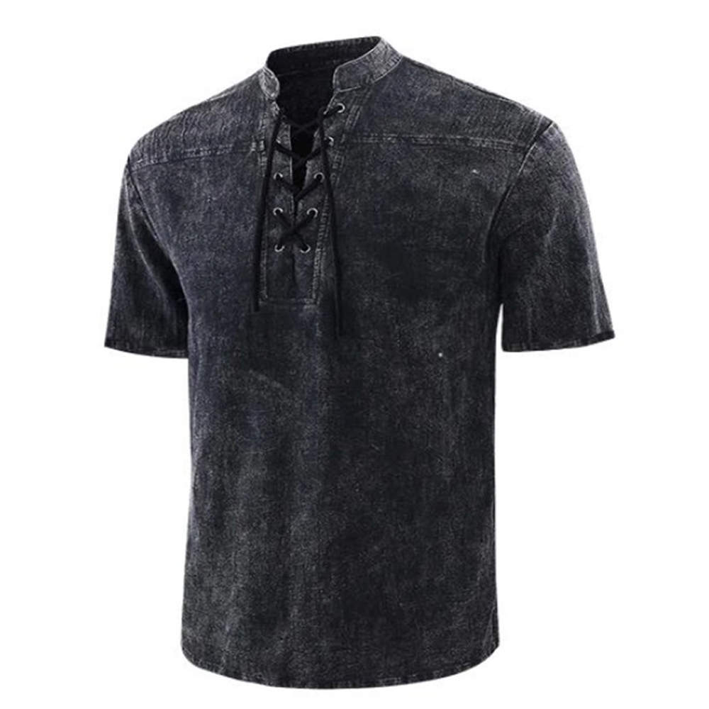 Men's lace-up V-neck short sleeve t-shirt in casual style, dark denim fabric, perfect for everyday wear.