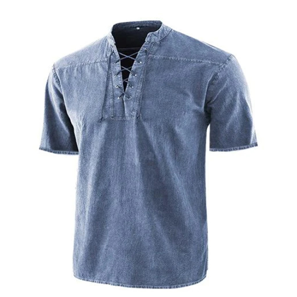 Lace-up V-neck T-shirt for men in short sleeves, casual denim style, perfect for everyday wear.