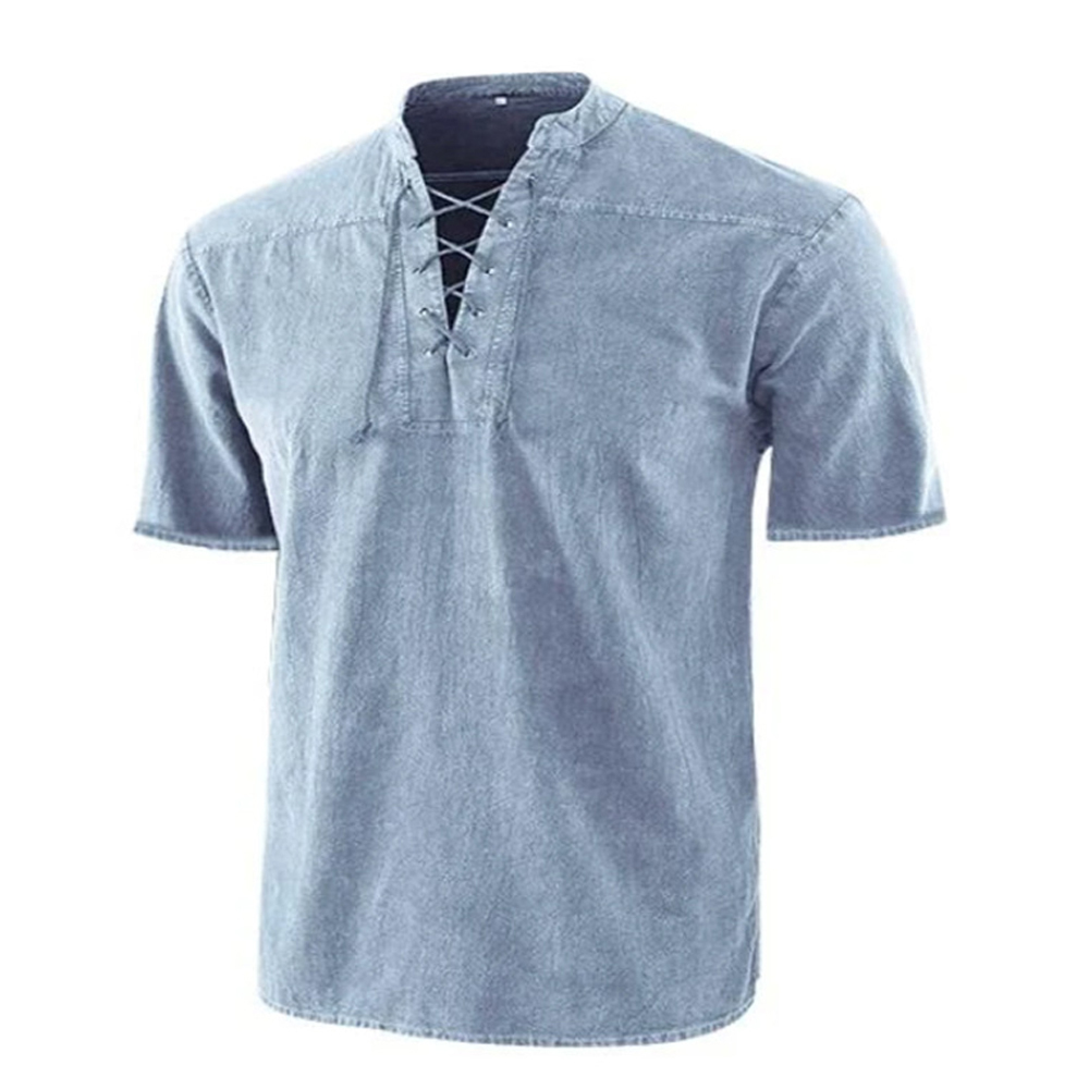Men's casual lace-up V-neck t-shirt in blue linen, short sleeves, perfect for everyday wear.