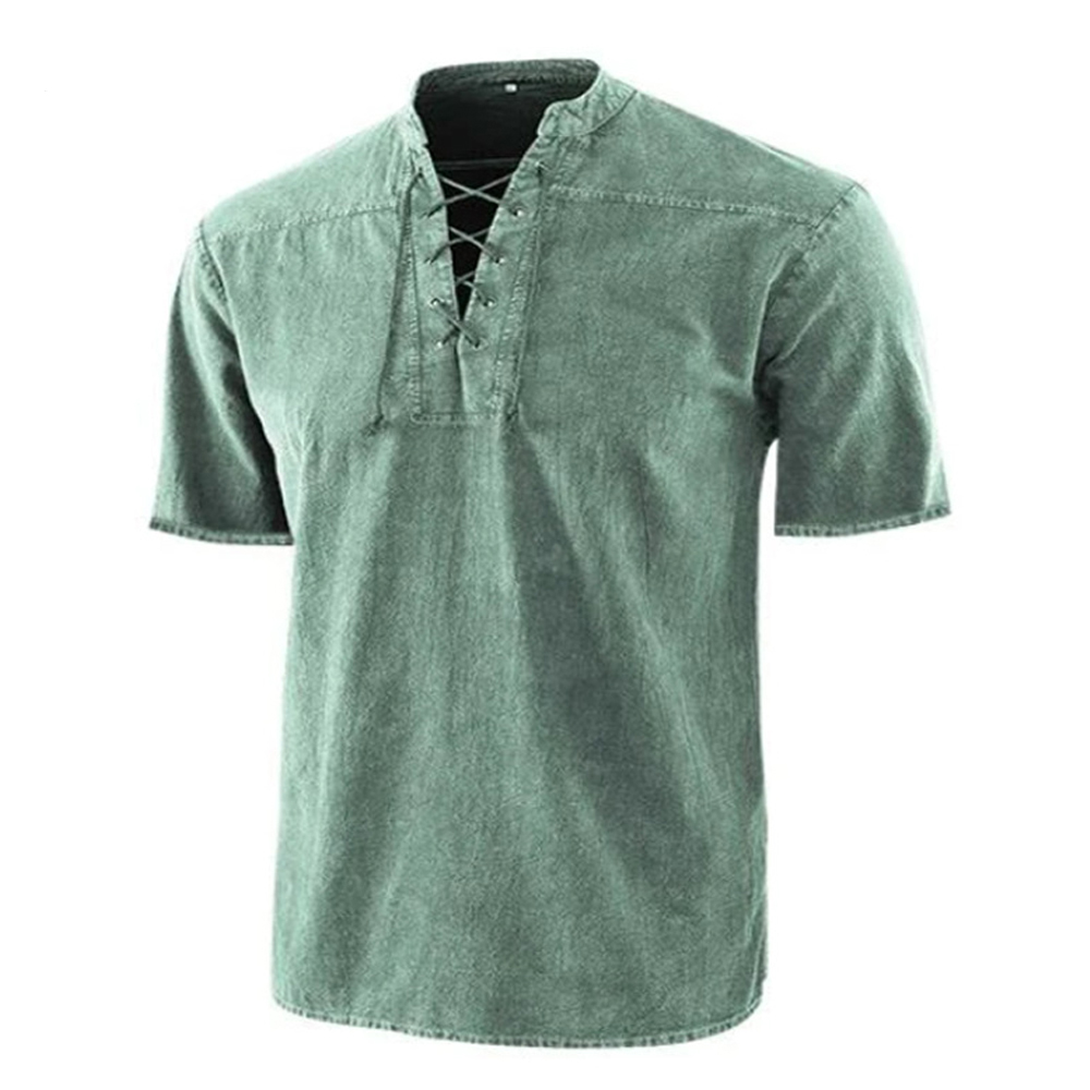 Casual men’s lace-up V-neck t-shirt in green, short sleeves, perfect for everyday wear.