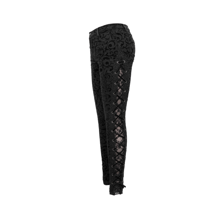 Women's black gothic leggings featuring stylish side lacing, perfect for a form-fitting look and edgy wardrobe.