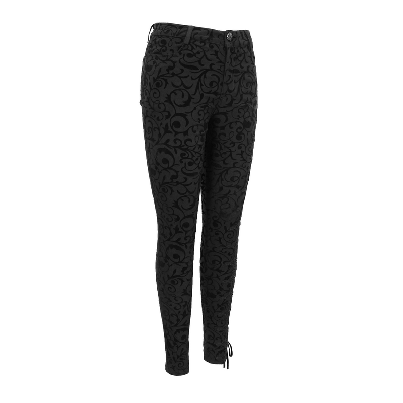 Stylish black leggings with side lacing and gothic floral pattern, perfect for a chic wardrobe.