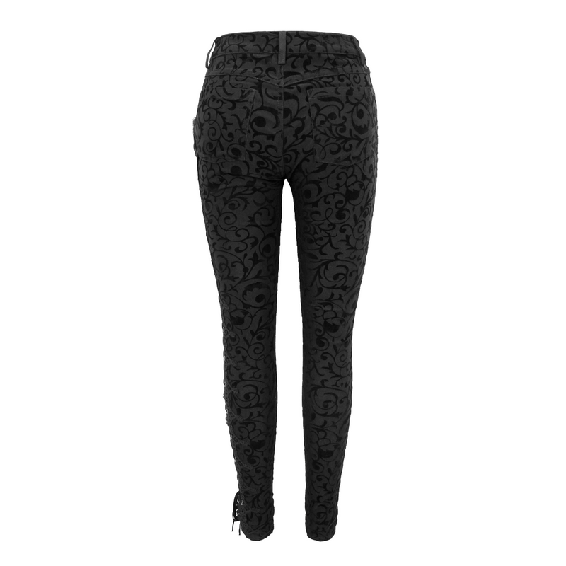 Stylish women's black leggings with gothic lacing detail and ornamental design, perfect for a chic wardrobe.