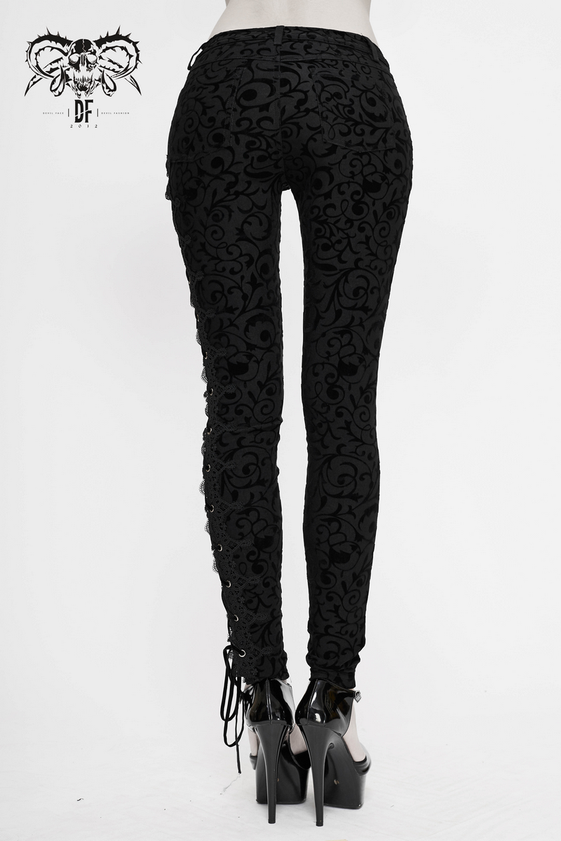 Stylish women's black leggings with side lacing and gothic floral design, perfect for a trendy outfit.