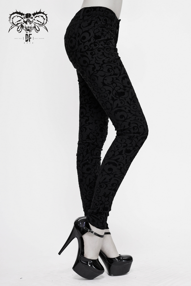 Comfortable Stretch Leggings with Lacing on Side / Black Trousers with Ornament in Gothic Style - HARD'N'HEAVY