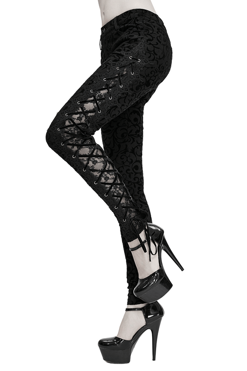 Stretch Leggings with Lacing on Side / Black Trousers with Ornament in Gothic Style