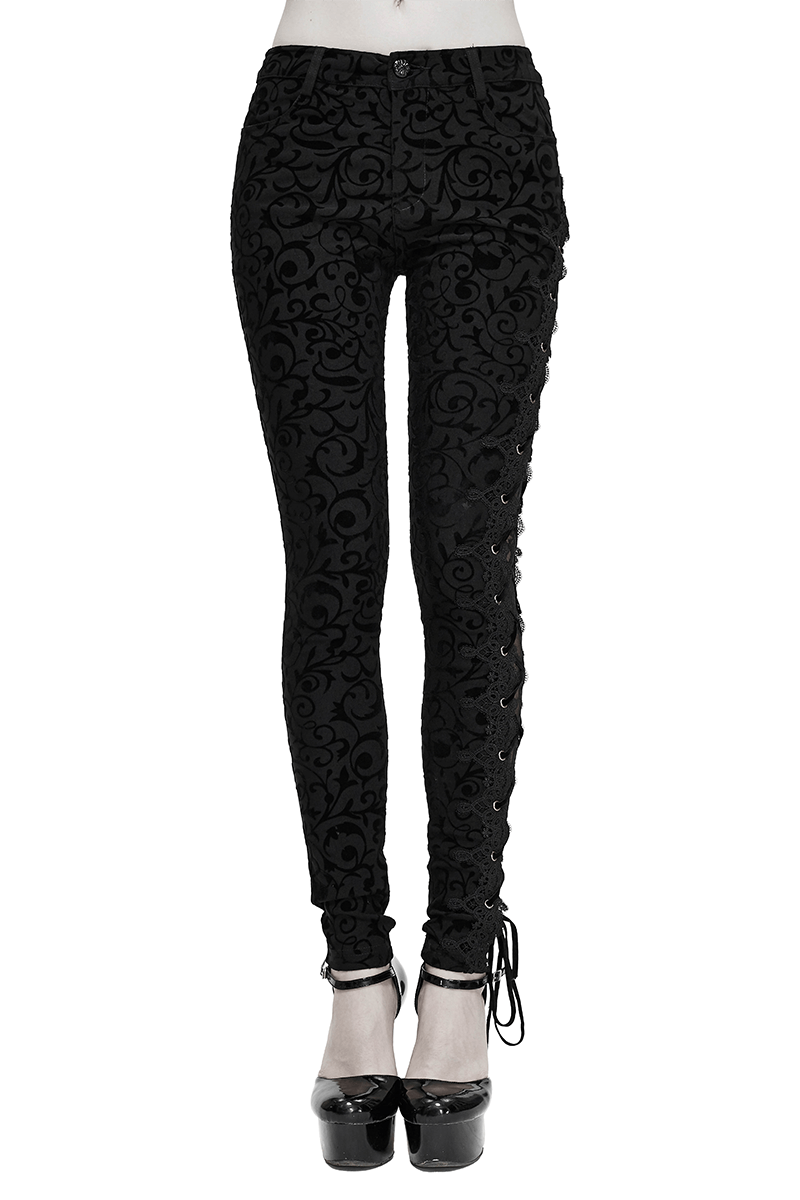 Comfortable Stretch Leggings with Lacing on Side / Black Trousers with Ornament in Gothic Style - HARD'N'HEAVY