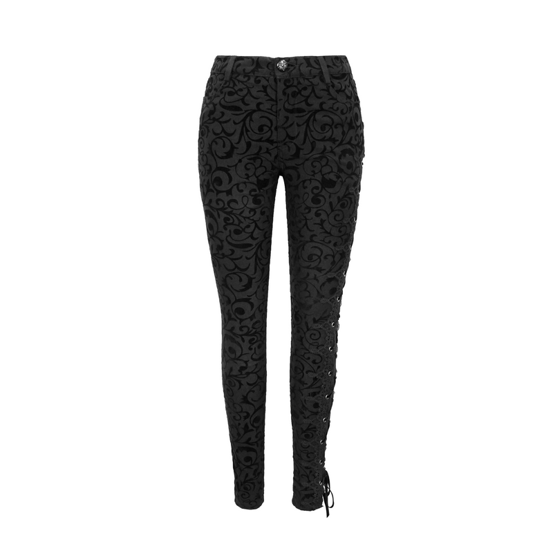 Gothic style women's black leggings featuring side lacing and intricate ornament design, perfect for a stylish wardrobe.