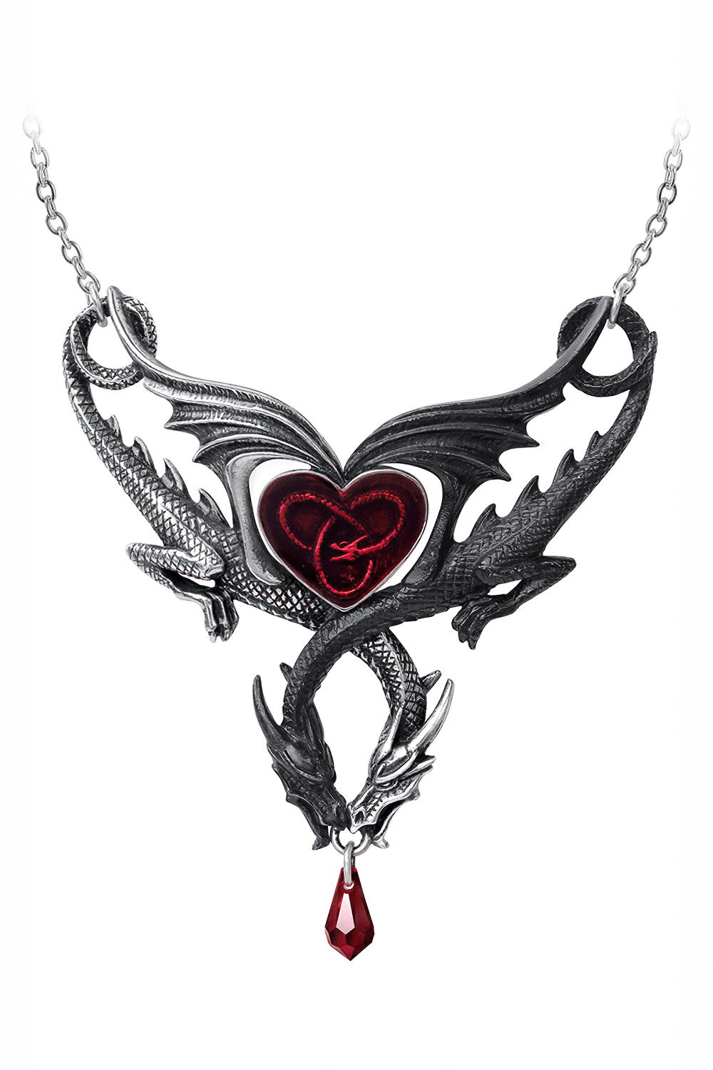 Confluence of Opposites Necklace with red heart and Swarovski crystals, featuring entwined dragon design.
