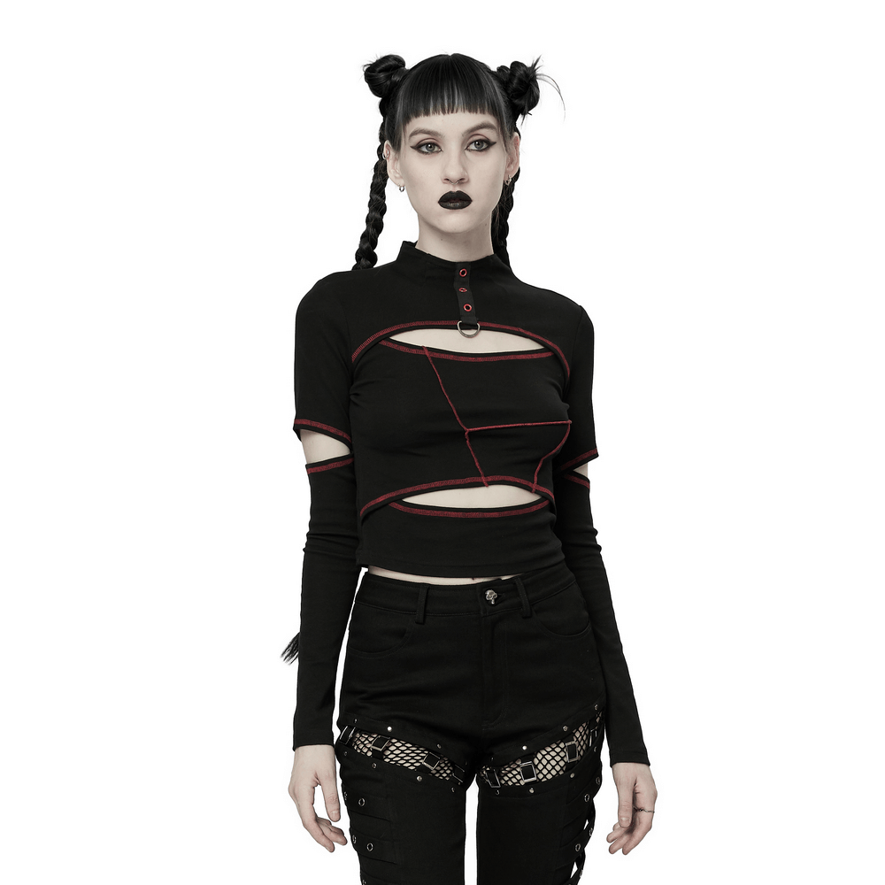 Contrast Stitched Hollow-Out Punk Top With Eyelets - HARD'N'HEAVY