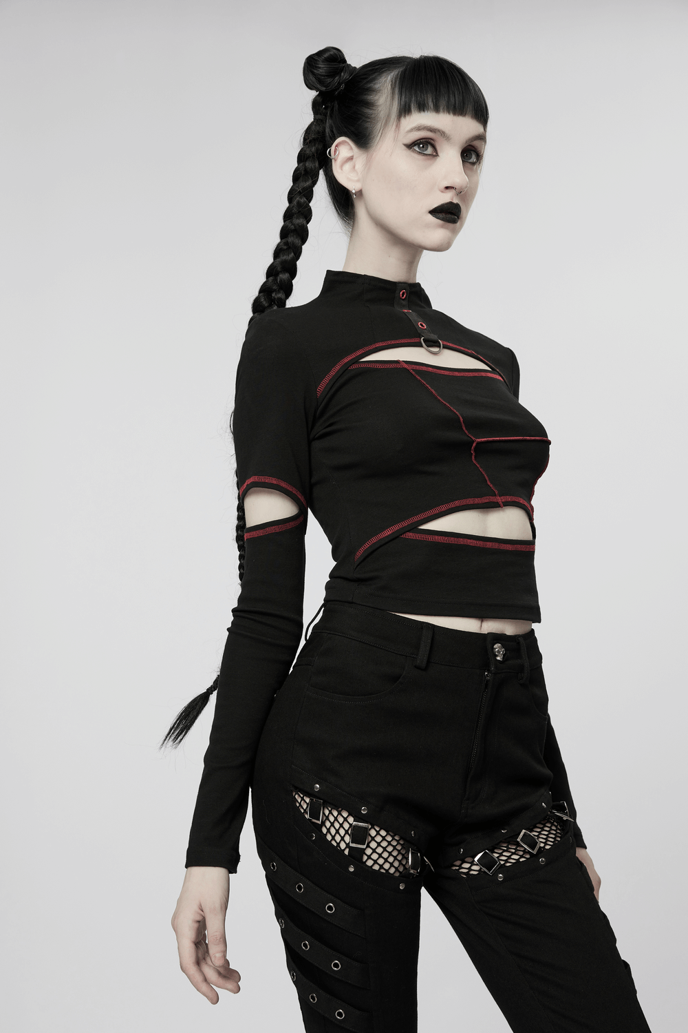Contrast Stitched Hollow-Out Punk Top With Eyelets - HARD'N'HEAVY