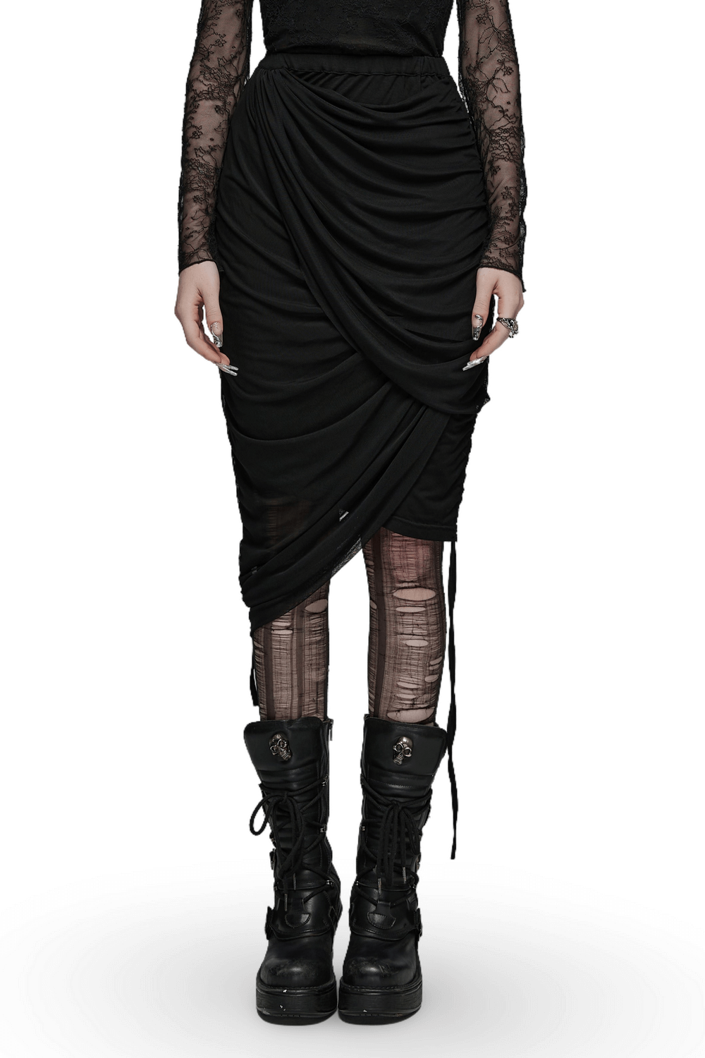 Black convertible pleated mesh skirt, stylish drape-and-wrap design, paired with edgy combat boots.