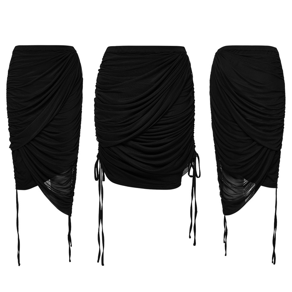 Three black convertible pleated mesh skirts showcasing versatile drape-and-wrap styles for chic outfits.