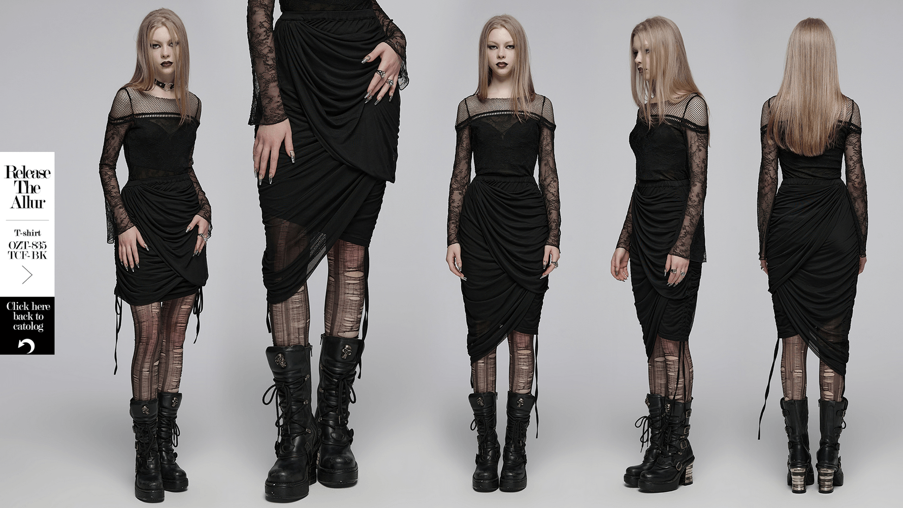 Model showcasing a black convertible pleated mesh skirt with a unique wrap design, paired with edgy combat boots.