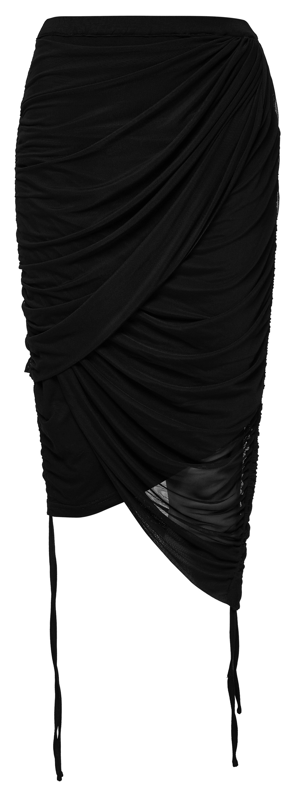 Convertible black mesh skirt with drape-and-wrap design for versatile styles.
