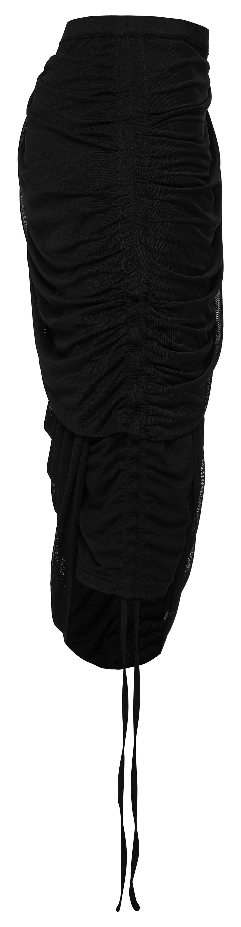 Black convertible pleated mesh skirt showcasing unique drape-and-wrap design, perfect for versatile styling.
