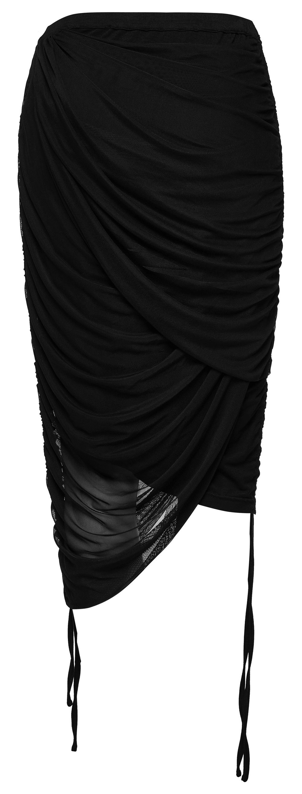 Convertible black pleated mesh skirt featuring a unique drape-and-wrap design for endless styling options.
