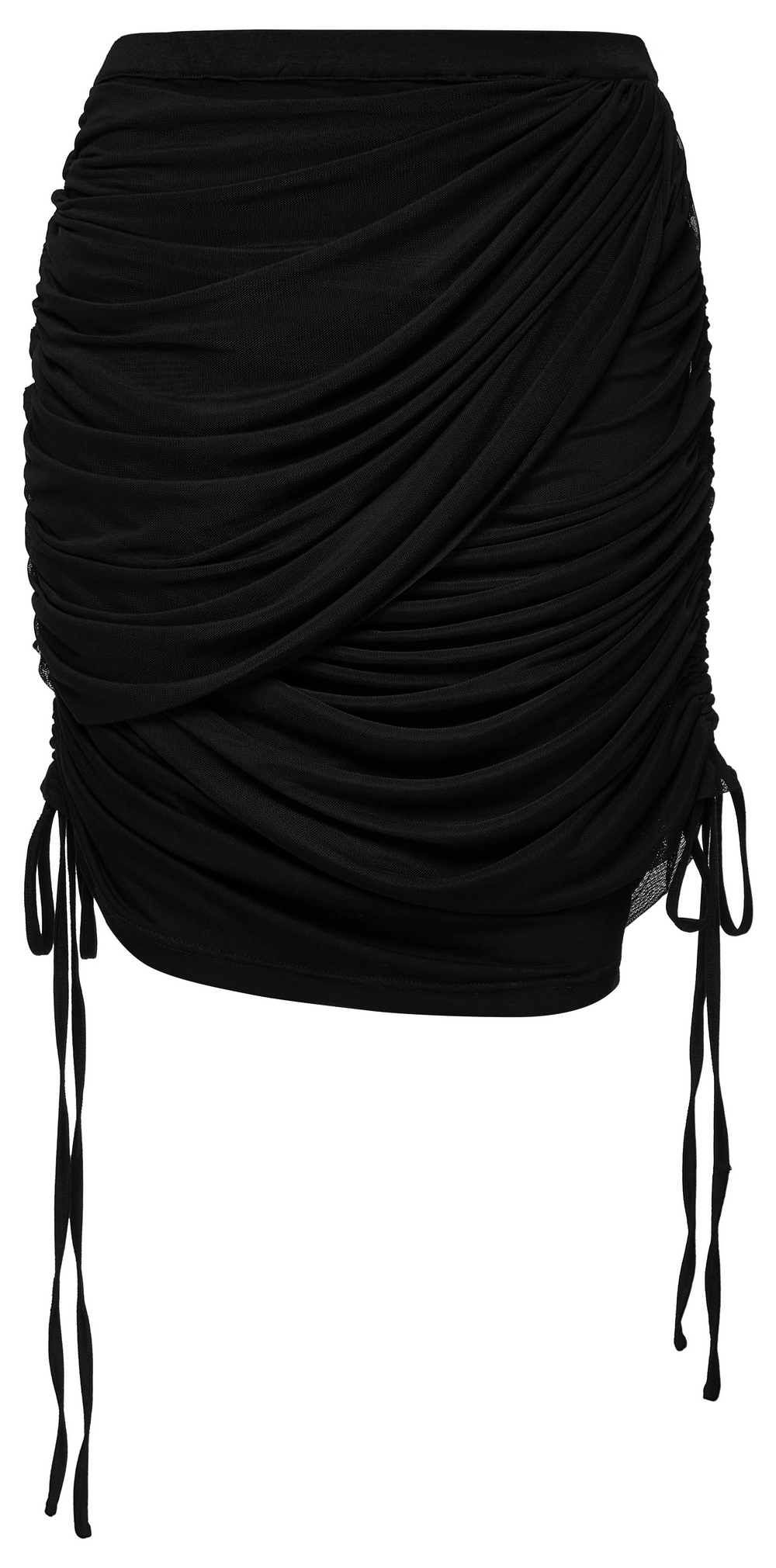 Black convertible pleated mesh skirt with drapey design and adjustable ties for versatile styling.