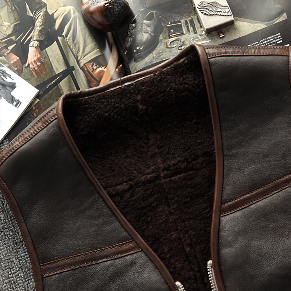 Close-up of the interior of a black leather biker vest, showcasing soft lining and zippers, perfect for men.