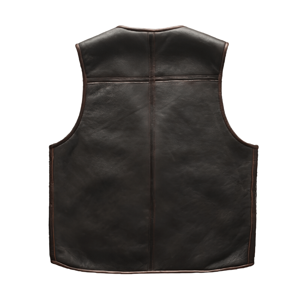 Back view of a black leather motorcycle vest with vintage design for men, featuring high-quality leather and classic styling.