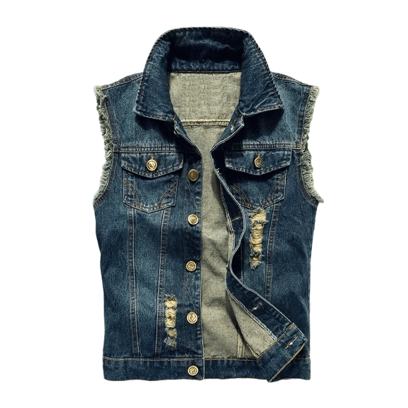 Cool men's sleeveless denim vest with buttons and ripped decor for a rock aesthetic outfit.