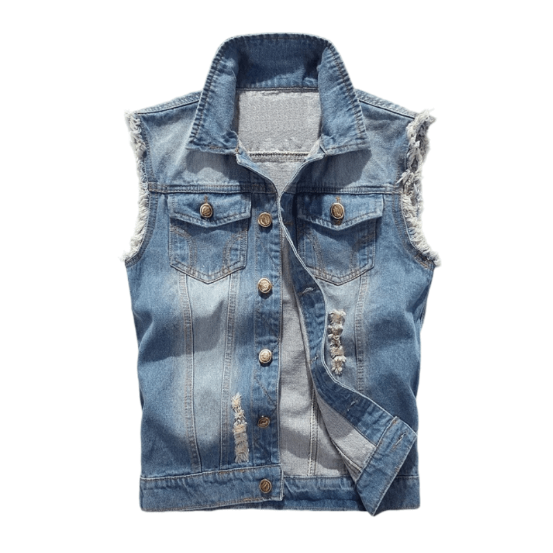 Men's sleeveless denim vest with ripped details and turn-down collar, perfect for a rock aesthetic look.