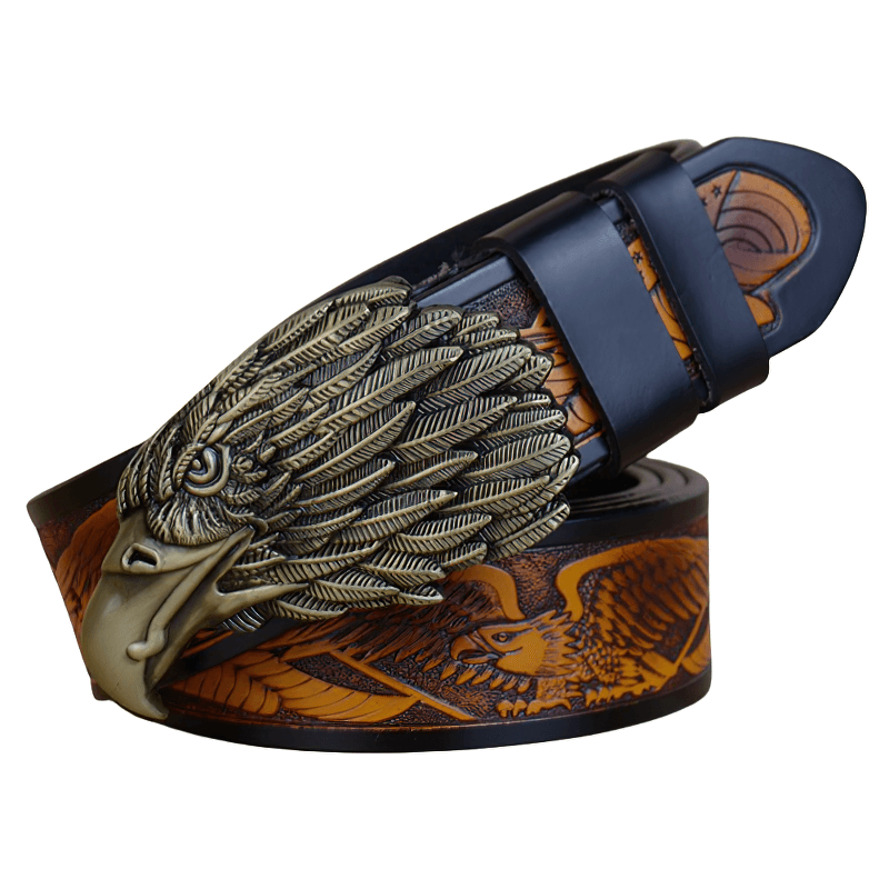 Luxury men's leather belt with eagle buckle and unique design, perfect for adding style to any outfit.