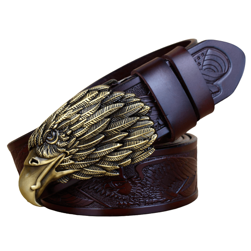 Cool luxury men’s leather belt with unique eagle buckle design and intricate pattern.
