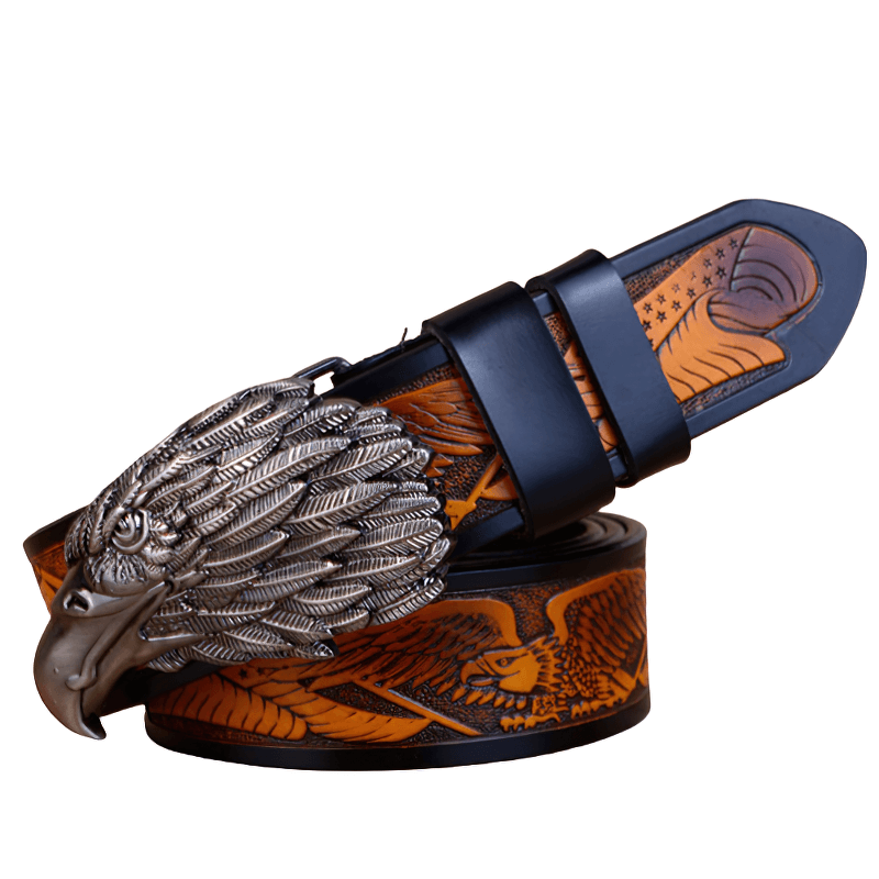 Stylish men's leather belt with an eagle buckle and unique design, perfect for adding flair to any outfit.