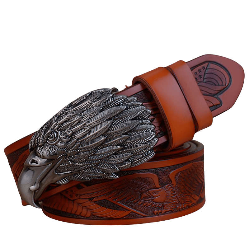 Stylish luxury men's belt featuring an eagle buckle and intricate leather design for a unique fashion statement.