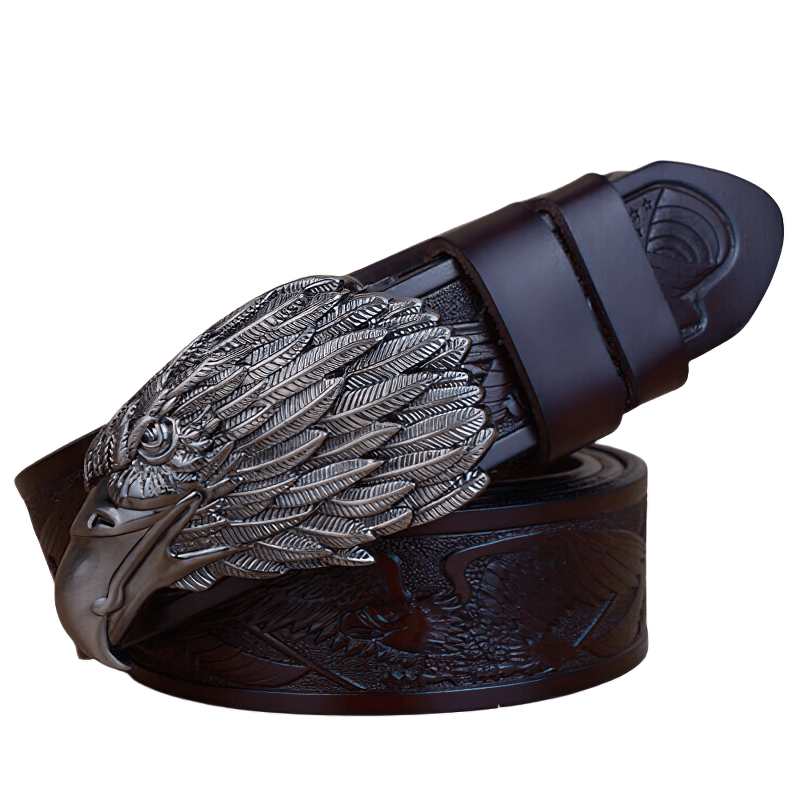 Luxury men's leather belt with a stylish eagle buckle and detailed cowhide strap.