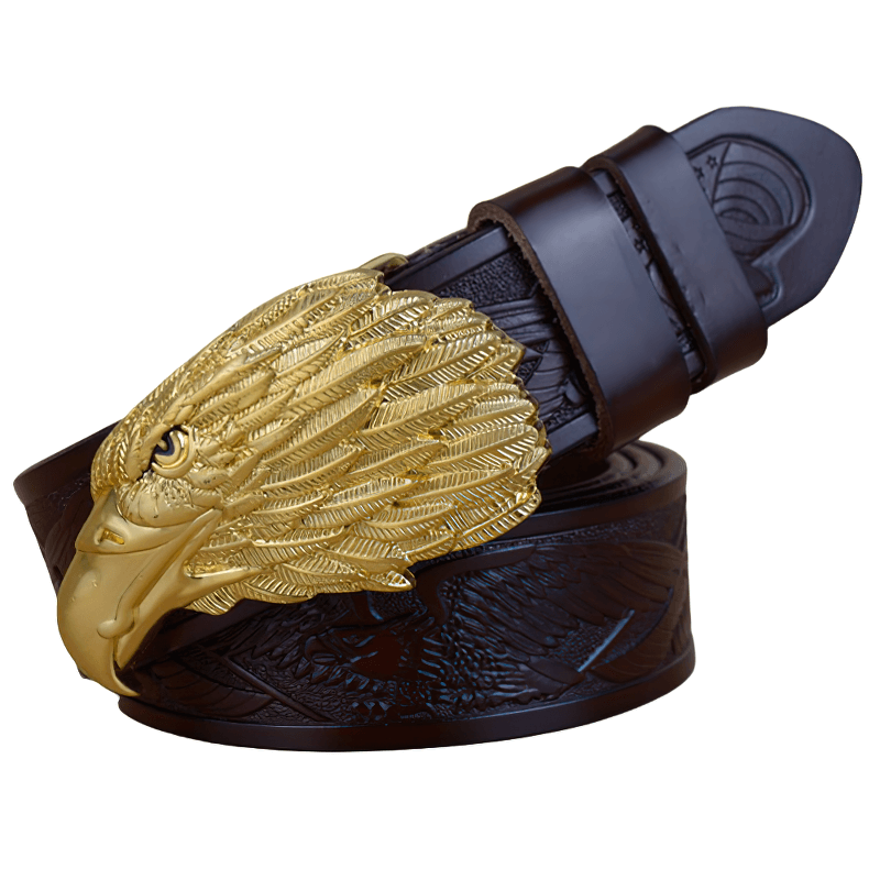 Luxury men's leather belt with an eagle buckle, showcasing unique design and quality craftsmanship.