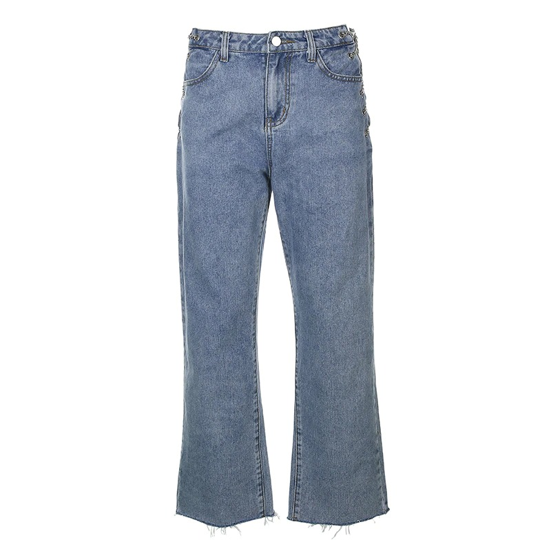 Cool High Waist Woman's Jeans with Chains/ Casual Straight Denim Pants - HARD'N'HEAVY