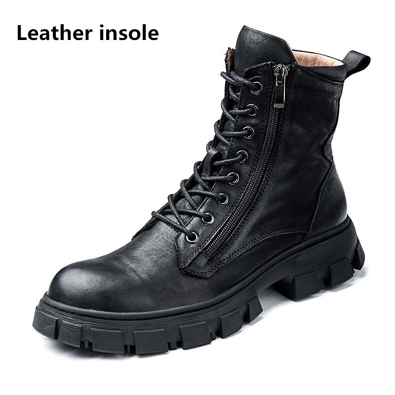 Men's retro motorcycle boot with leather insole, featuring a stylish black design and convenient zipper.