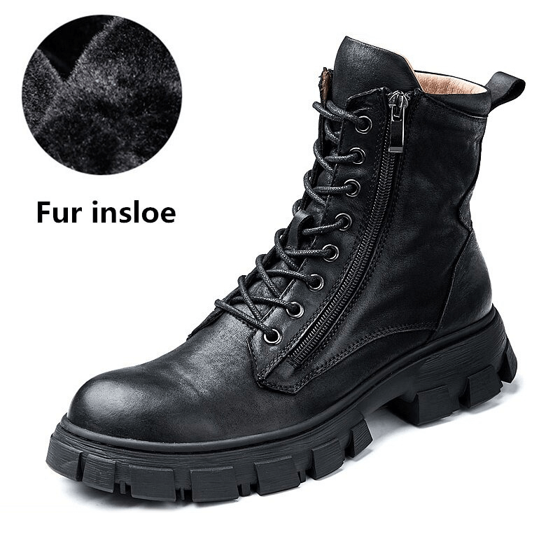 Men's black mid-calf leather boots with fur insole, stylish zip and lace-up design for comfort and warmth.