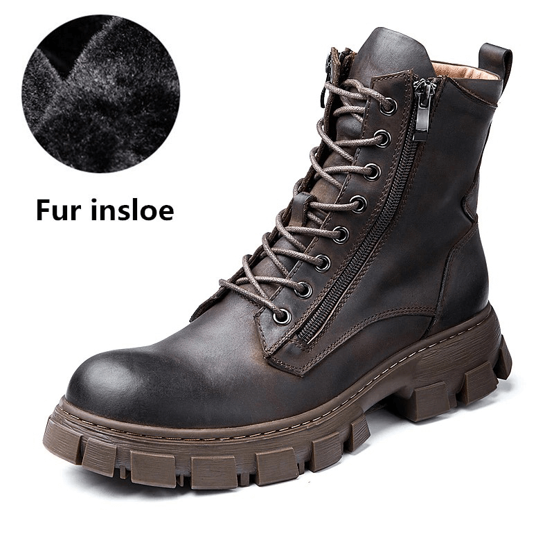 Men's warm fur lining mid-calf boots made of genuine leather with retro design and rugged sole.